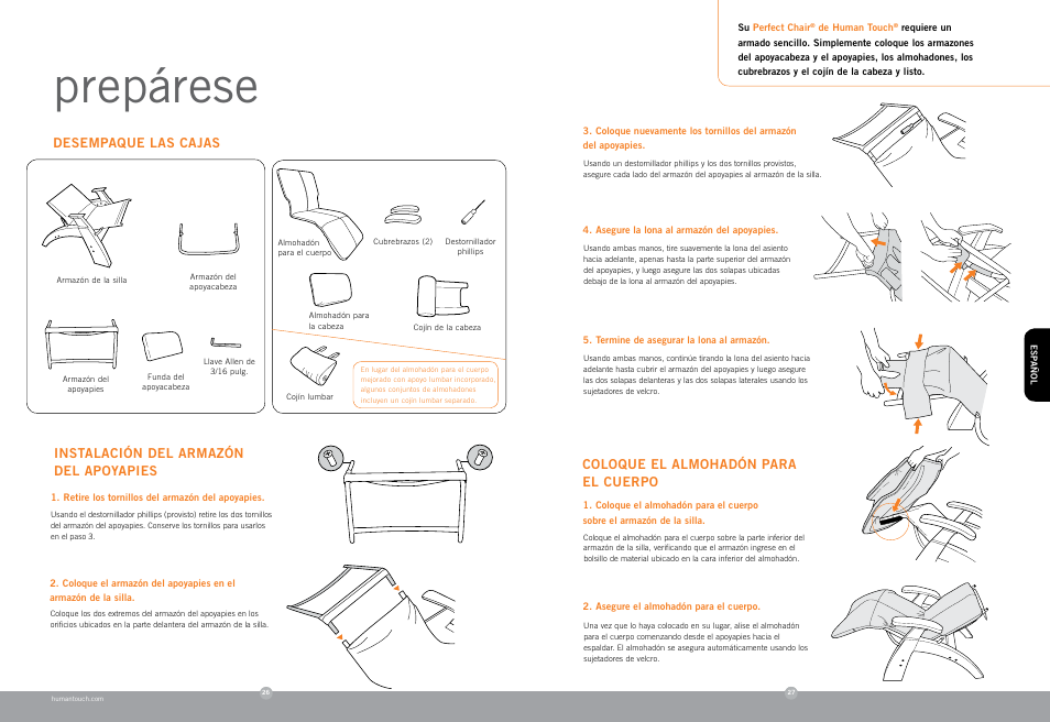 Prepárese, Instalación del armazón del apoyapies, Coloque el almohadón para el cuerpo | Desempaque las cajas | Human Touch PC-006 Perfect Chair User Manual | Page 15 / 18