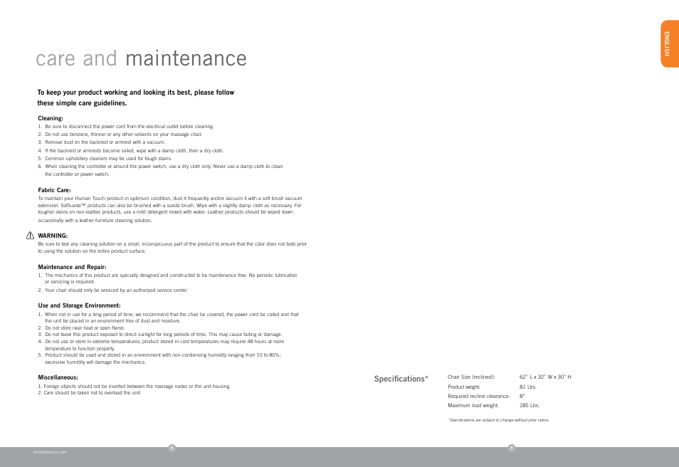 Care and maintenance | Human Touch PC-006 Perfect Chair User Manual | Page 6 / 18