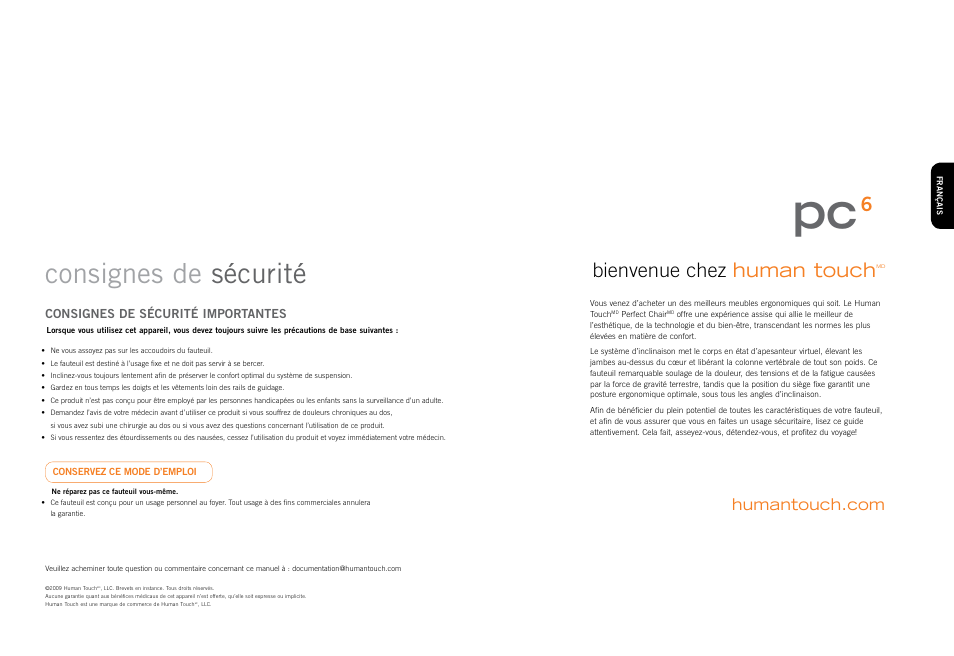 Consignes de sécurité, Bienvenue chez human touch | Human Touch PC-006 Perfect Chair User Manual | Page 8 / 18