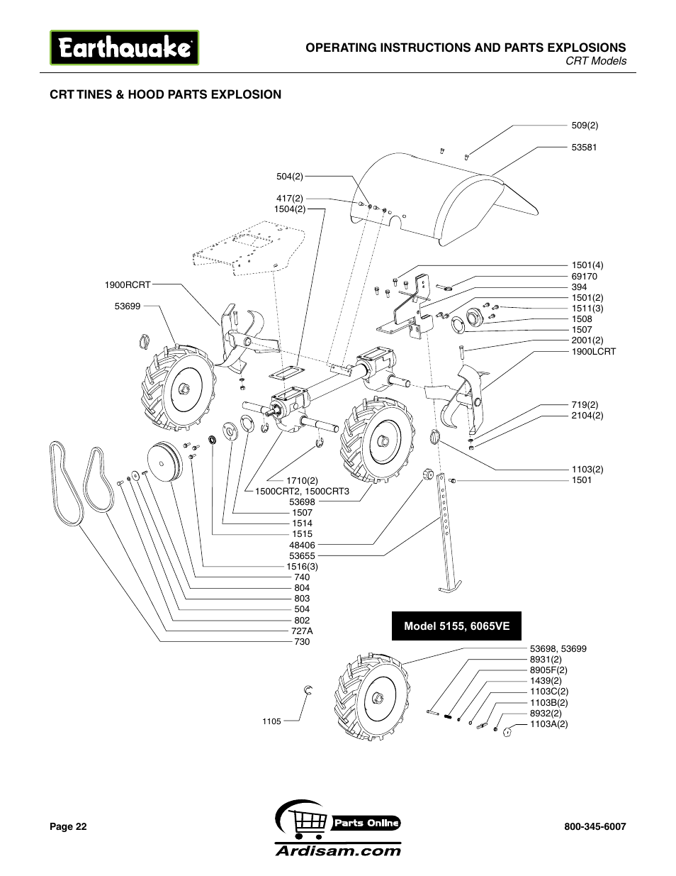 Operating instructions and parts explosions, Crt tines & hood parts explosion | Briggs & Stratton 5155 6 HP User Manual | Page 22 / 28