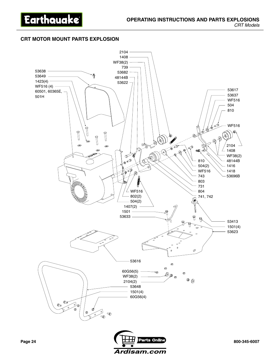 Operating instructions and parts explosions, Crt motor mount parts explosion | Briggs & Stratton 5155 6 HP User Manual | Page 24 / 28