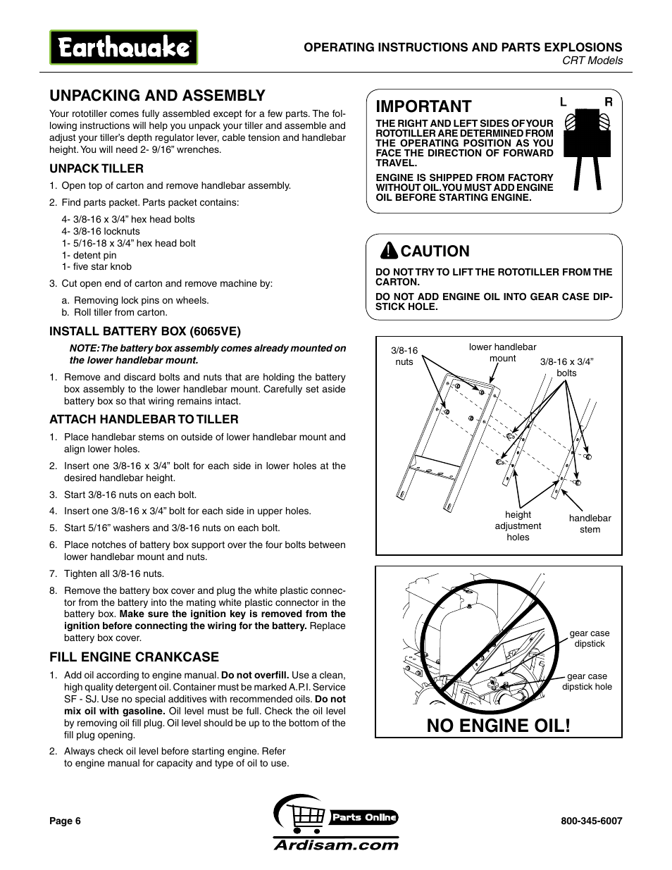 No engine oil, Important, Unpacking and assembly | Caution | Briggs & Stratton 5155 6 HP User Manual | Page 6 / 28