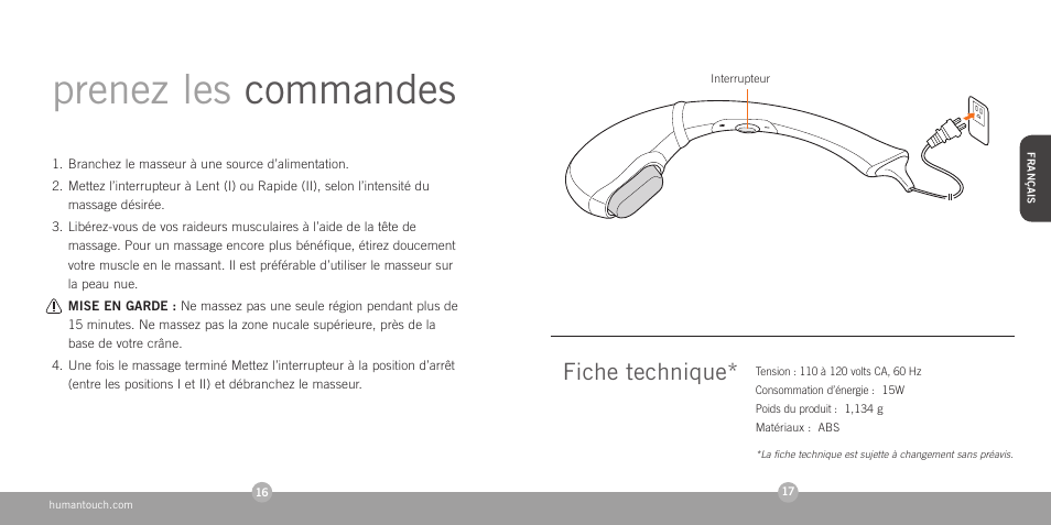 Prenez les commandes, Fiche technique | Human Touch HT-1280 Swan Softouch Massager User Manual | Page 10 / 16