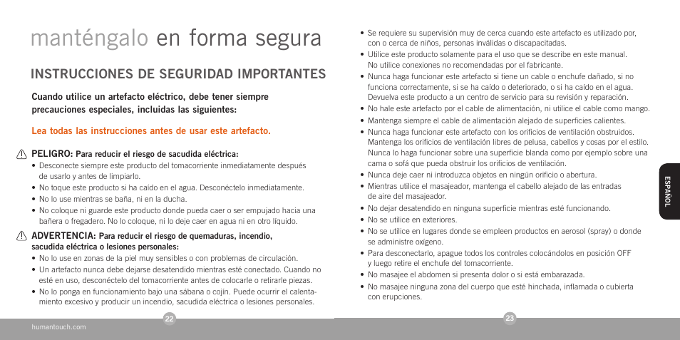 Manténgalo en forma segura, Instrucciones de seguridad importantes | Human Touch HT-1280 Swan Softouch Massager User Manual | Page 13 / 16
