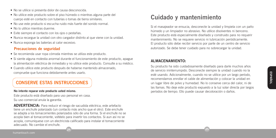 Cuidado y mantenimiento, Conserve estas instrucciones | Human Touch HT-1280 Swan Softouch Massager User Manual | Page 14 / 16