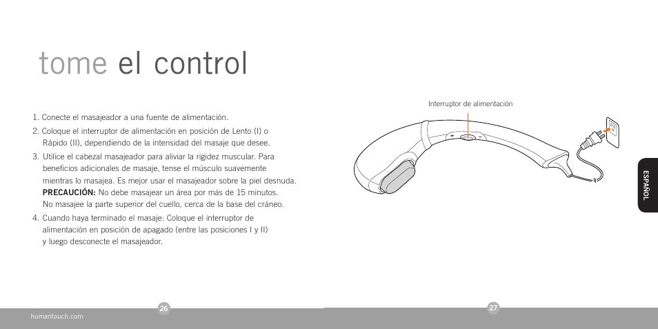 Tome el control | Human Touch HT-1280 Swan Softouch Massager User Manual | Page 15 / 16
