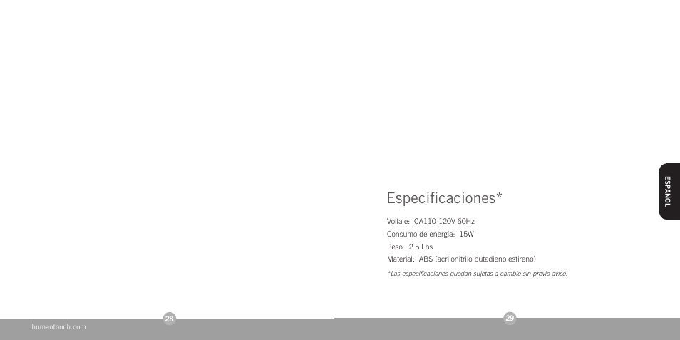 Especificaciones | Human Touch HT-1280 Swan Softouch Massager User Manual | Page 16 / 16