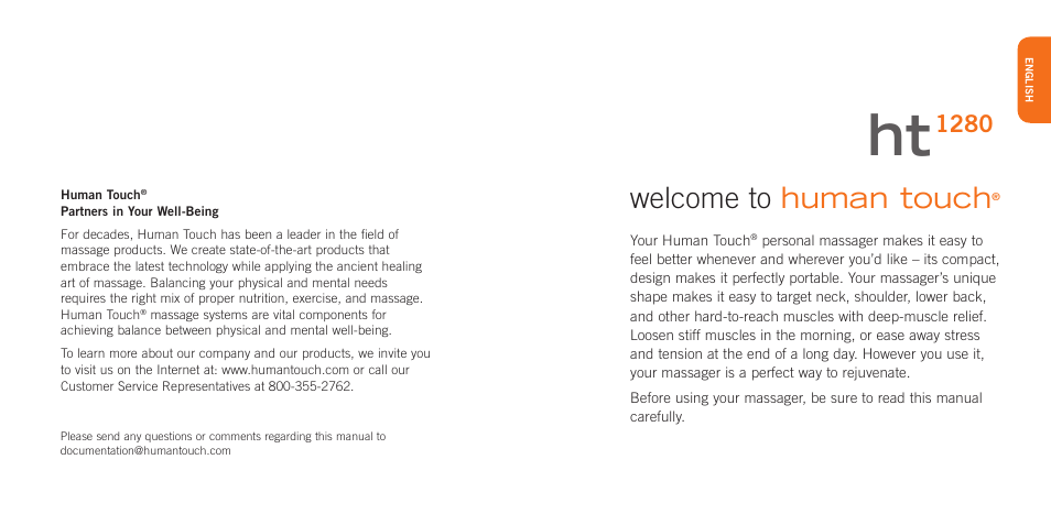 Welcome to human touch | Human Touch HT-1280 Swan Softouch Massager User Manual | Page 2 / 16