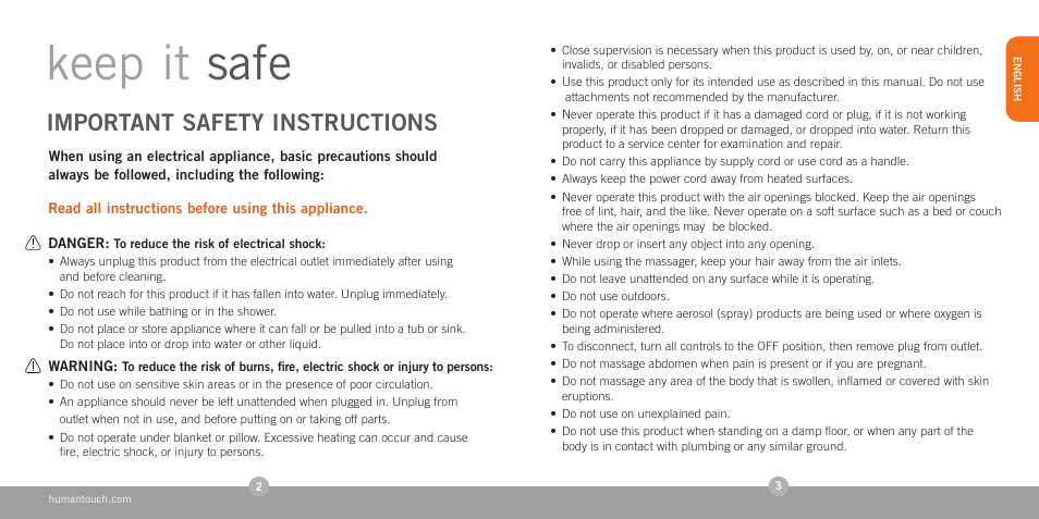 Keep it safe, Important safety instructions | Human Touch HT-1280 Swan Softouch Massager User Manual | Page 3 / 16