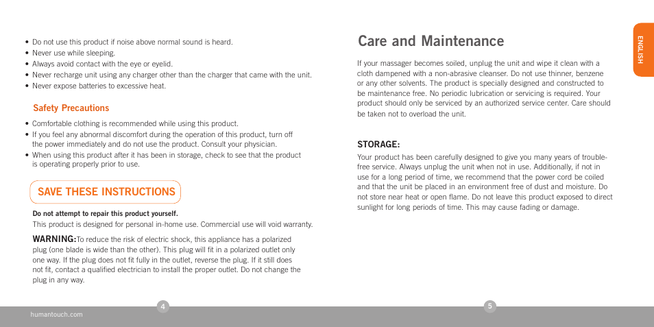Care and maintenance, Save these instructions | Human Touch HT-1280 Swan Softouch Massager User Manual | Page 4 / 16