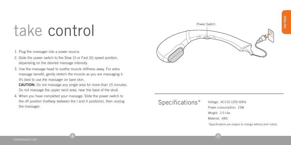 Take control | Human Touch HT-1280 Swan Softouch Massager User Manual | Page 5 / 16