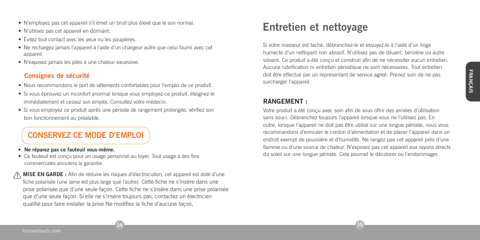 Entretien et nettoyage, Conservez ce mode d’emploi | Human Touch HT-1280 Swan Softouch Massager User Manual | Page 9 / 16