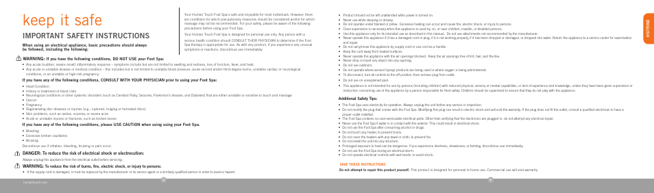 Keep it safe, Important safety instructions | Human Touch Foot Spa User Manual | Page 3 / 12