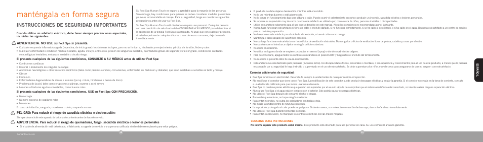Manténgala en forma segura, Instrucciones de seguridad importantes | Human Touch Sharper Image Foot Spa User Manual | Page 11 / 12