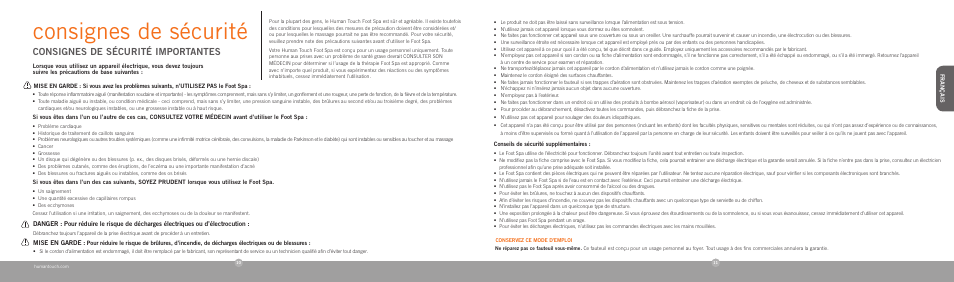Consignes de sécurité, Consignes de sécurité importantes | Human Touch Sharper Image Foot Spa User Manual | Page 7 / 12