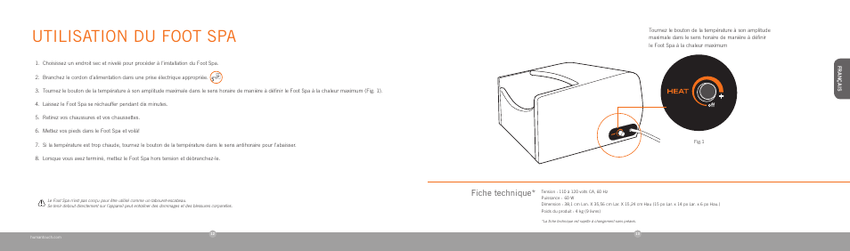 Utilisation du foot spa, Fiche technique | Human Touch Sharper Image Foot Spa User Manual | Page 8 / 12