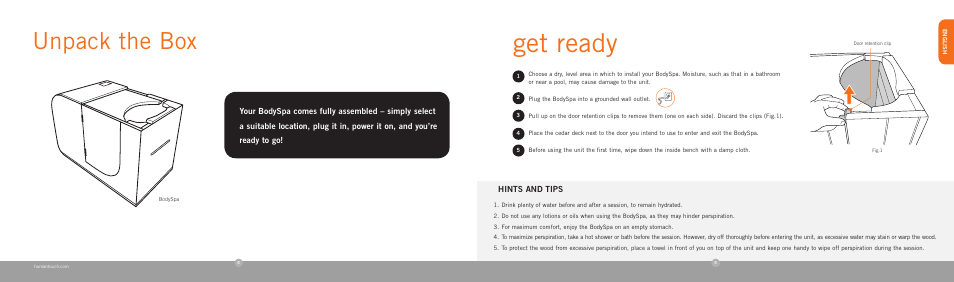 Get ready, Unpack the box, Hints and tips | Human Touch bodySPA User Manual | Page 4 / 18