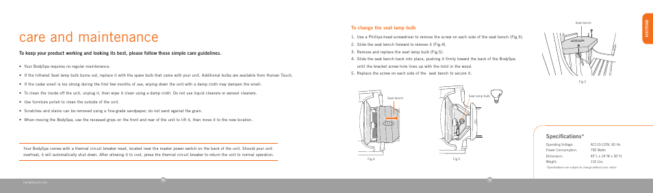 Care and maintenance, Specifications | Human Touch bodySPA User Manual | Page 6 / 18