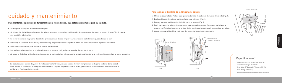 Cuidado y mantenimiento, Especificaciones | Human Touch Sharper Image bodySPA User Manual | Page 18 / 18