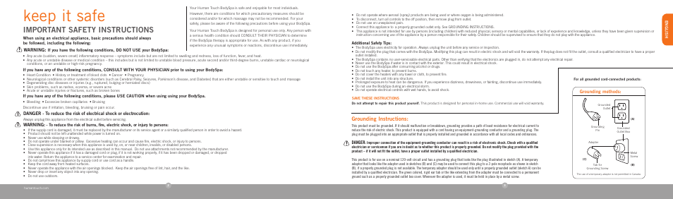 Keep it safe, Important safety instructions, Grounding instructions | Human Touch Sharper Image bodySPA User Manual | Page 3 / 18