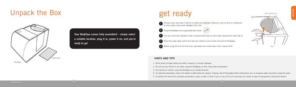 Get ready, Unpack the box, Hints and tips | Human Touch Sharper Image bodySPA User Manual | Page 4 / 18