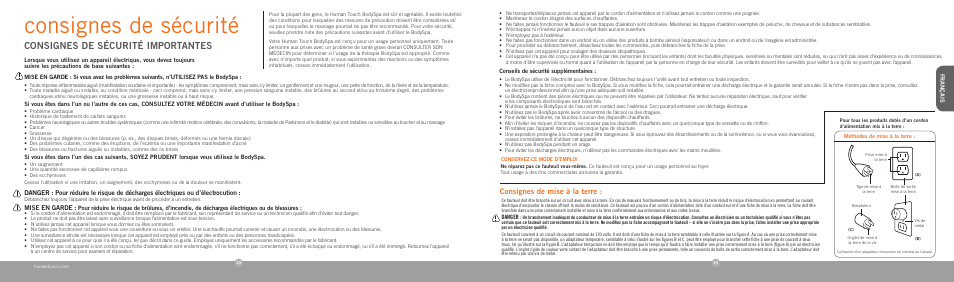 Consignes de sécurité, Consignes de sécurité importantes, Consignes de mise à la terre | Mise en garde | Human Touch Sharper Image bodySPA User Manual | Page 9 / 18