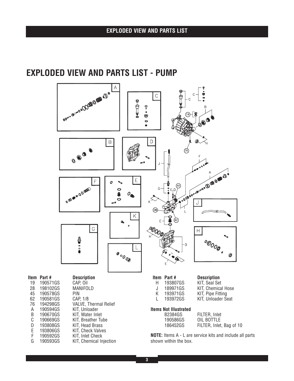 Exploded view and parts list - pump | Briggs & Stratton 020224-1 User Manual | Page 3 / 3