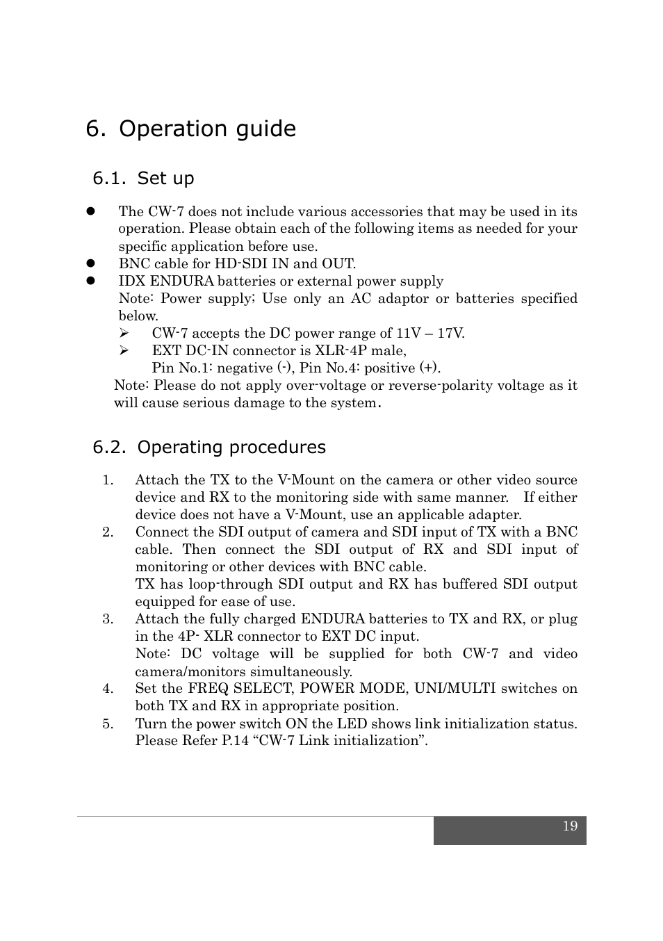 Operation guide, Set up, Operating procedures | IDX CW-7 User Manual | Page 21 / 29