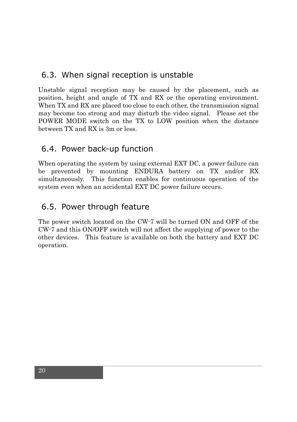 When signal reception is unstable, Power back-up function, Power through feature | IDX CW-7 User Manual | Page 22 / 29