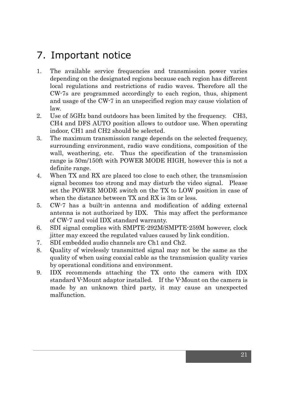 Important notice | IDX CW-7 User Manual | Page 23 / 29