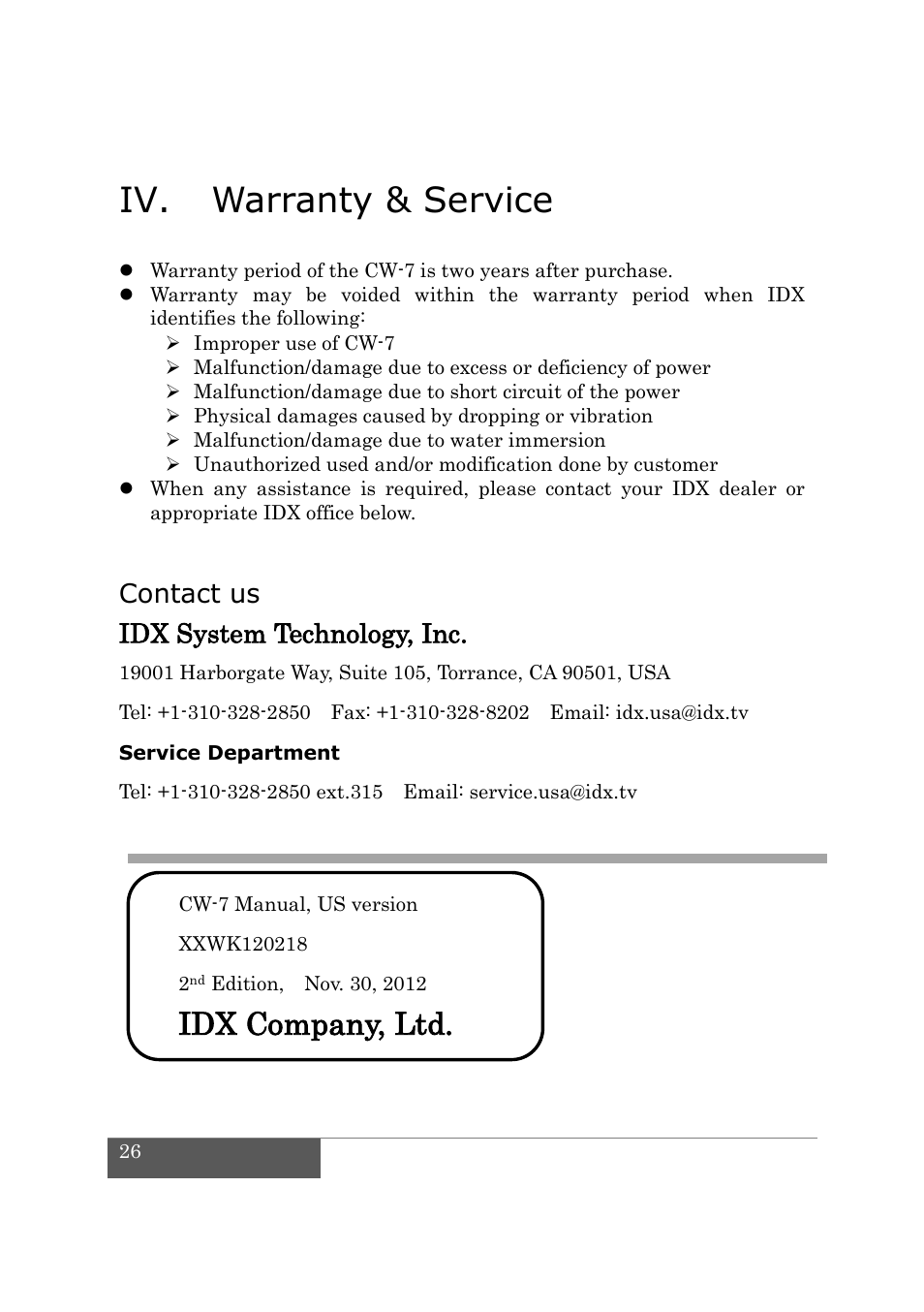 Warranty & service, Iv. warranty & service, Idx company, ltd | Contact us idx system technology, inc | IDX CW-7 User Manual | Page 28 / 29