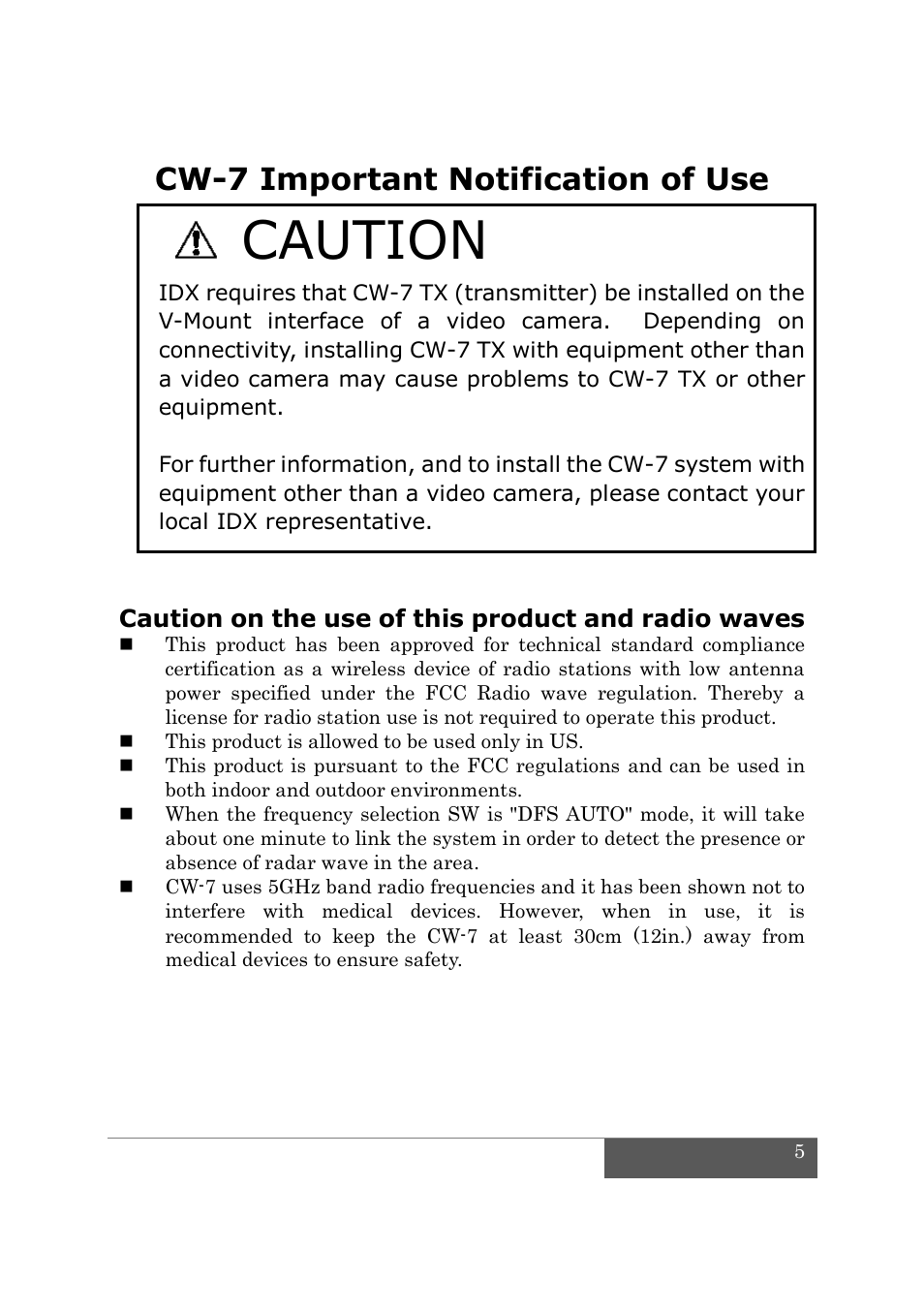 Caution, Cw-7 important notification of use | IDX CW-7 User Manual | Page 7 / 29