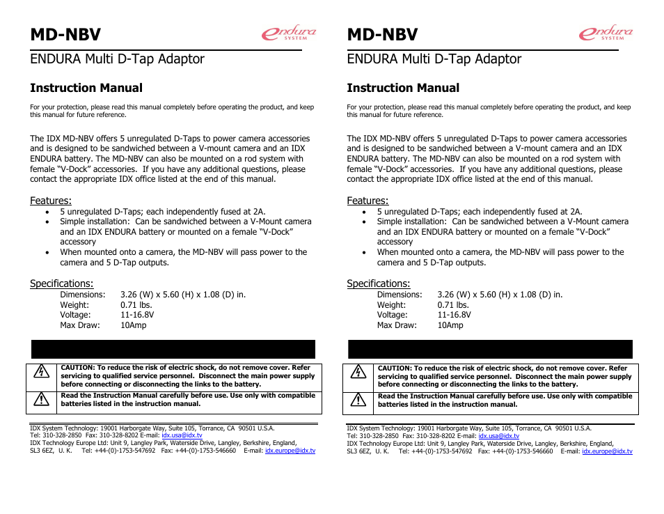 IDX MD-NBV User Manual | 1 page