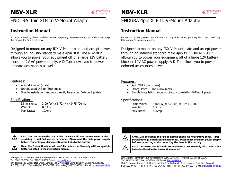 IDX NBV-XLR User Manual | 1 page