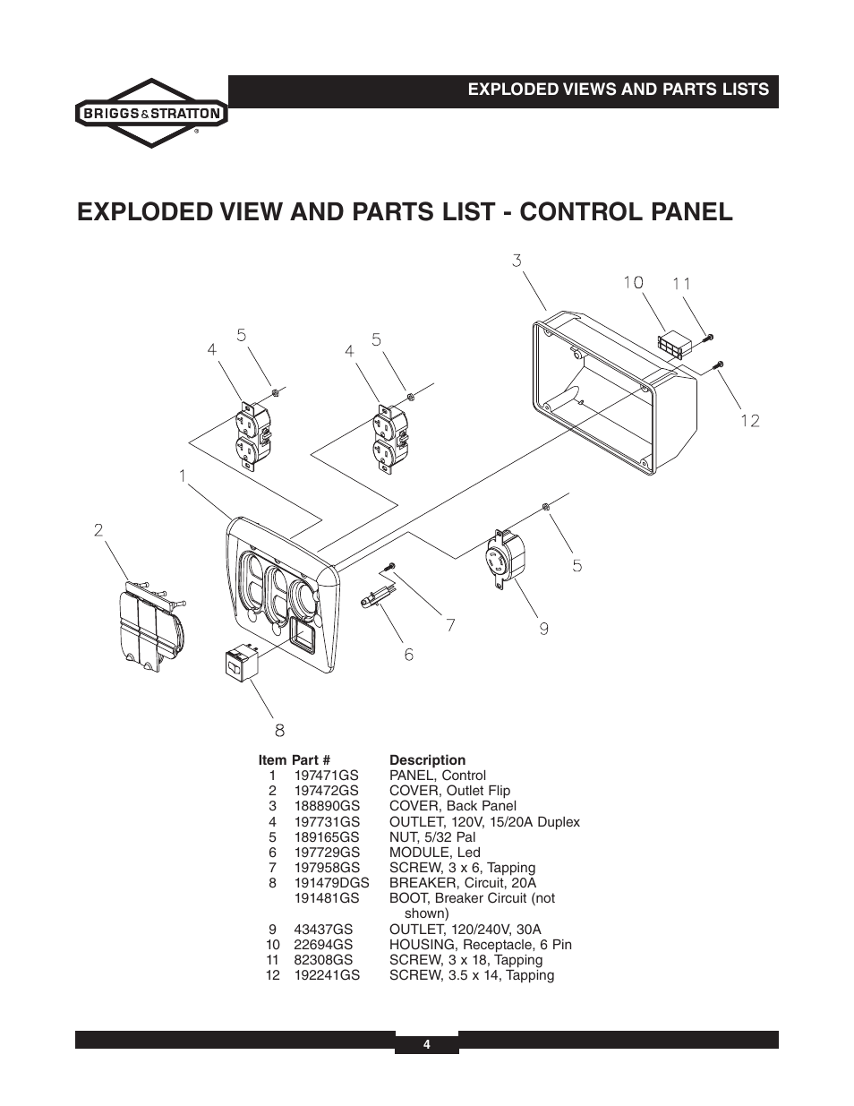 Exploded view and parts list - control panel | Briggs & Stratton 030235-02 User Manual | Page 4 / 6
