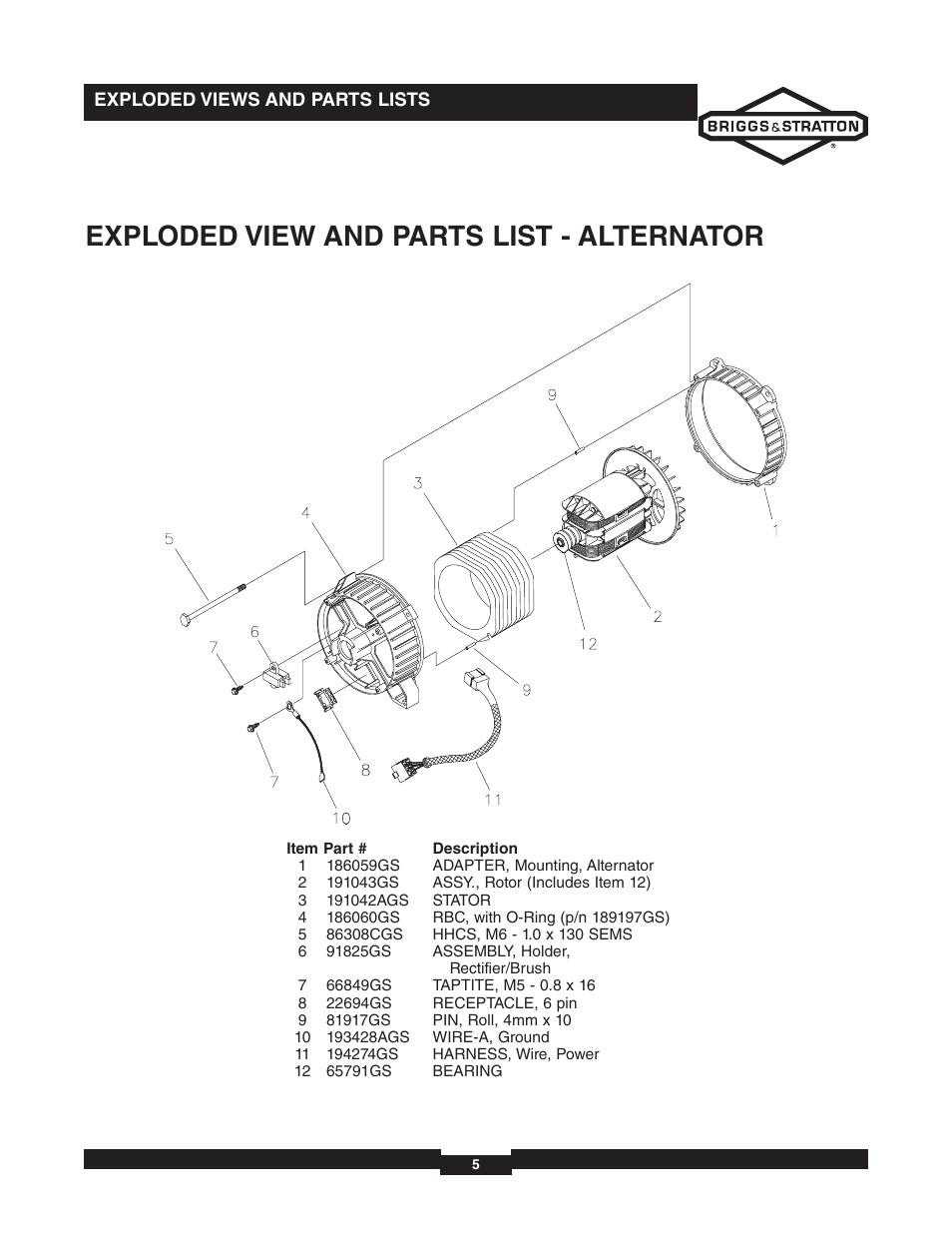 Exploded view and parts list - alternator | Briggs & Stratton 030235-02 User Manual | Page 5 / 6