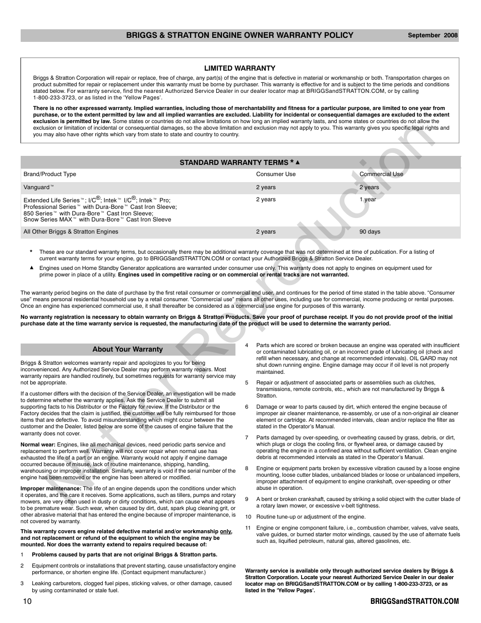 Not for reproduction | Briggs & Stratton 210000 User Manual | Page 10 / 28