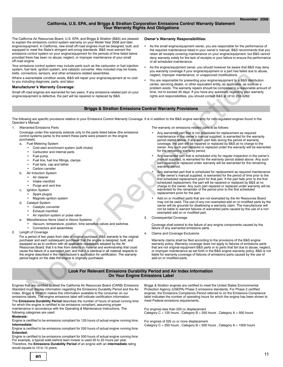 Not for reproduction, 11 en | Briggs & Stratton 210000 User Manual | Page 11 / 28