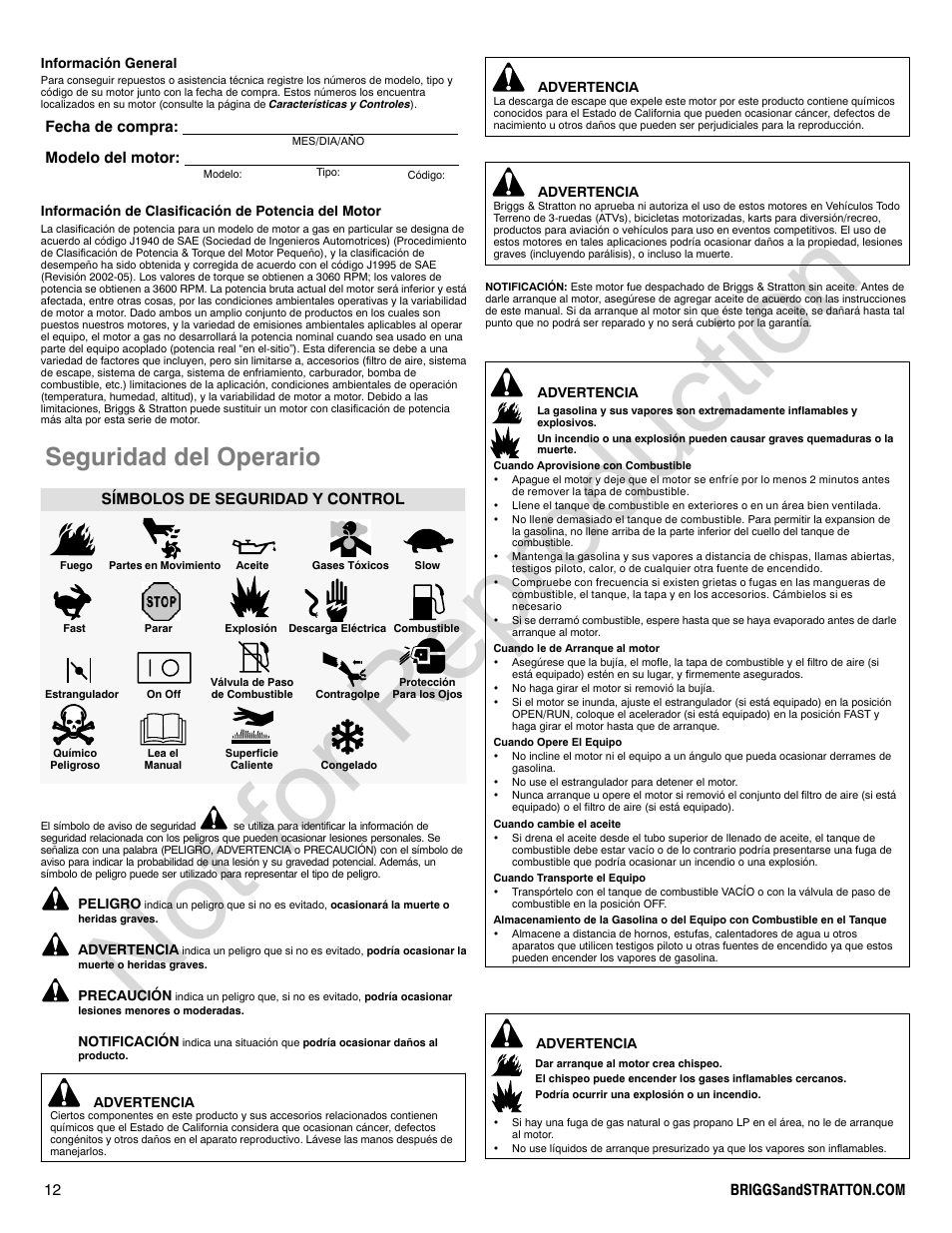 Not for reproduction, Seguridad del operario, Fecha de compra: modelo del motor | Símbolos de seguridad y control | Briggs & Stratton 210000 User Manual | Page 12 / 28