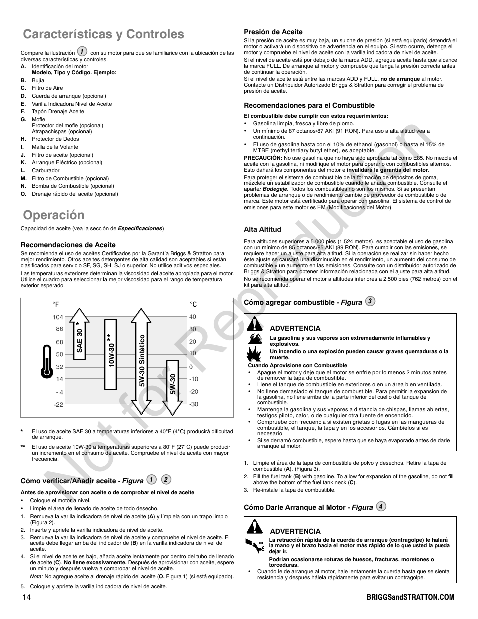 Not for reproduction, Características y controles, Operación | Briggs & Stratton 210000 User Manual | Page 14 / 28