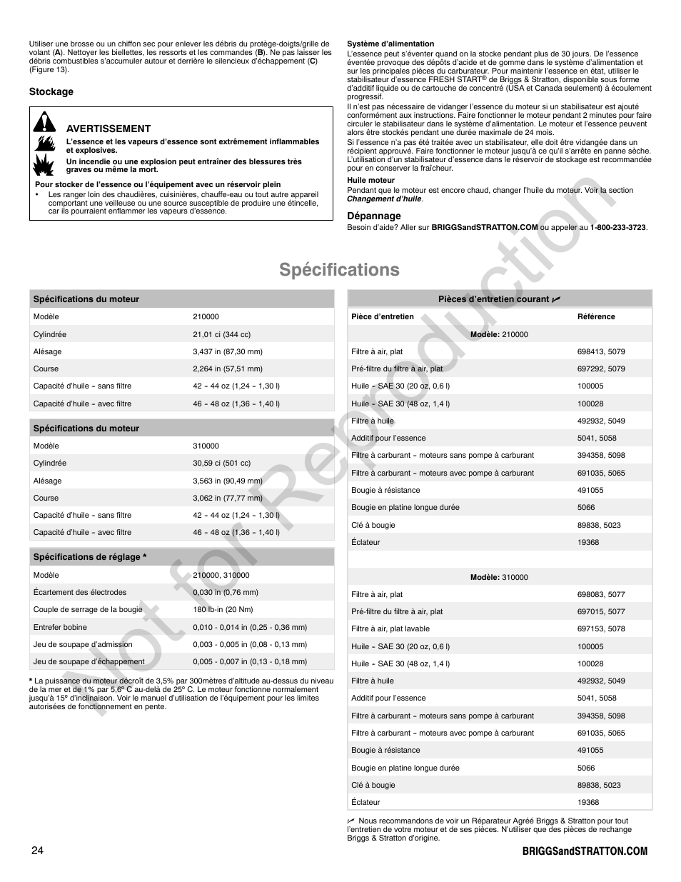 Not for reproduction, Spécifications | Briggs & Stratton 210000 User Manual | Page 24 / 28