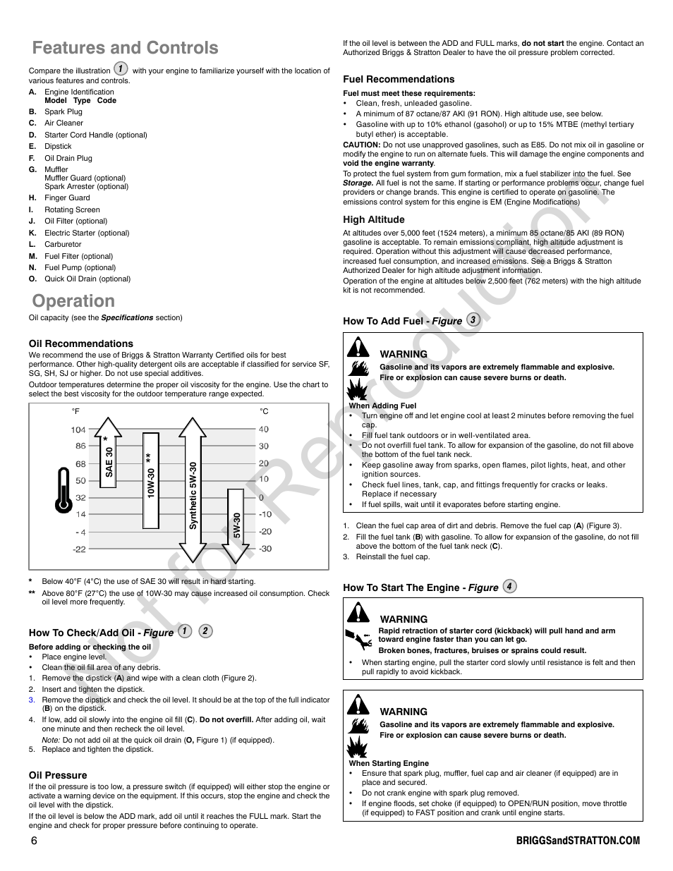 Not for reproduction, Features and controls, Operation | Briggs & Stratton 210000 User Manual | Page 6 / 28