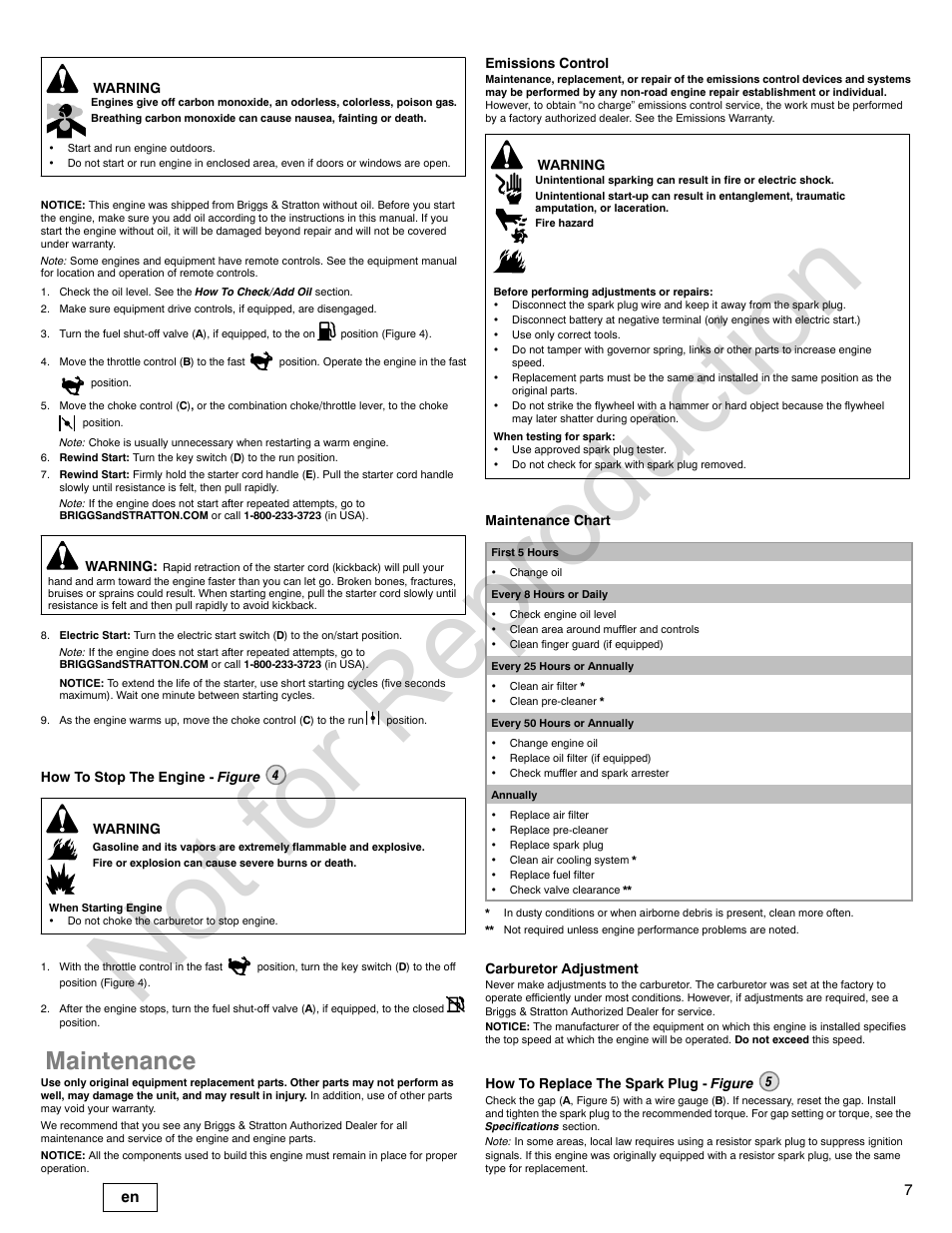 Not for reproduction, Maintenance | Briggs & Stratton 210000 User Manual | Page 7 / 28