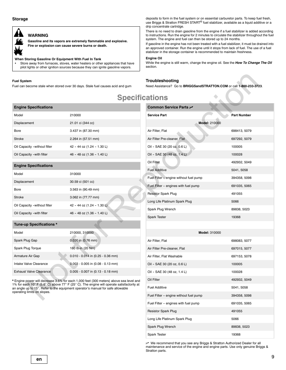Not for reproduction, Specifications | Briggs & Stratton 210000 User Manual | Page 9 / 28
