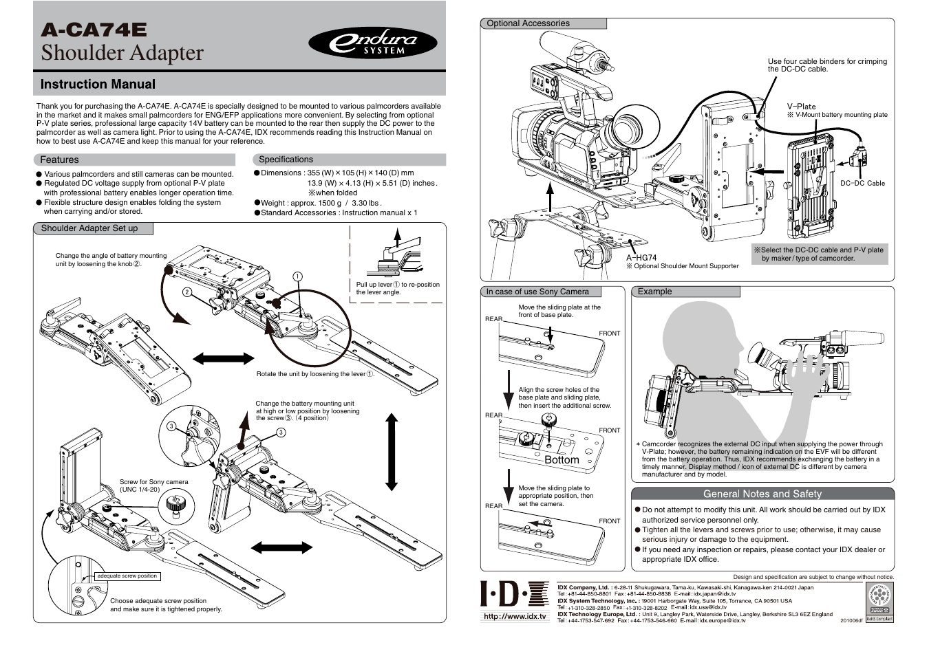 IDX A-CA74E User Manual | 1 page