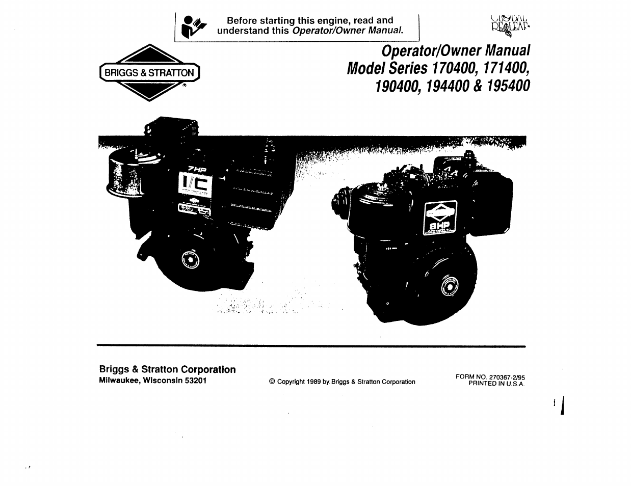 Briggs & Stratton Series 194400 User Manual | 14 pages