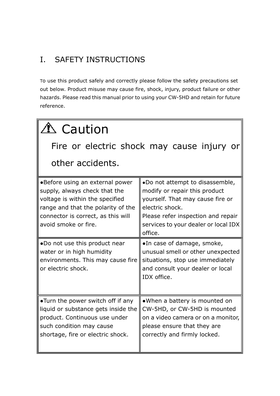 Caution, I. safety instructions | IDX CW-5HD User Manual | Page 4 / 23