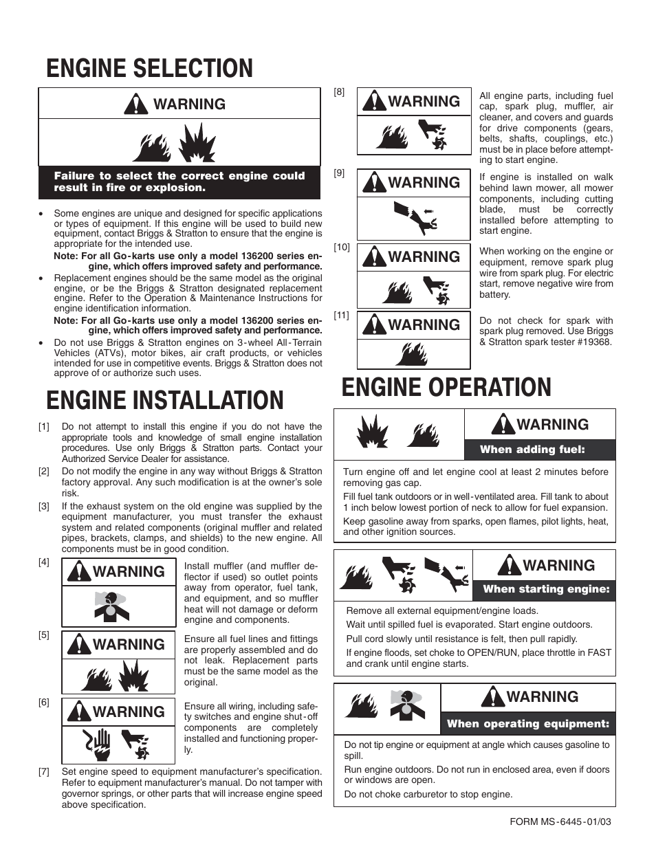 Engine selection, Engine installation, Engine operation | Warning | Briggs & Stratton Model 253400 User Manual | Page 3 / 10