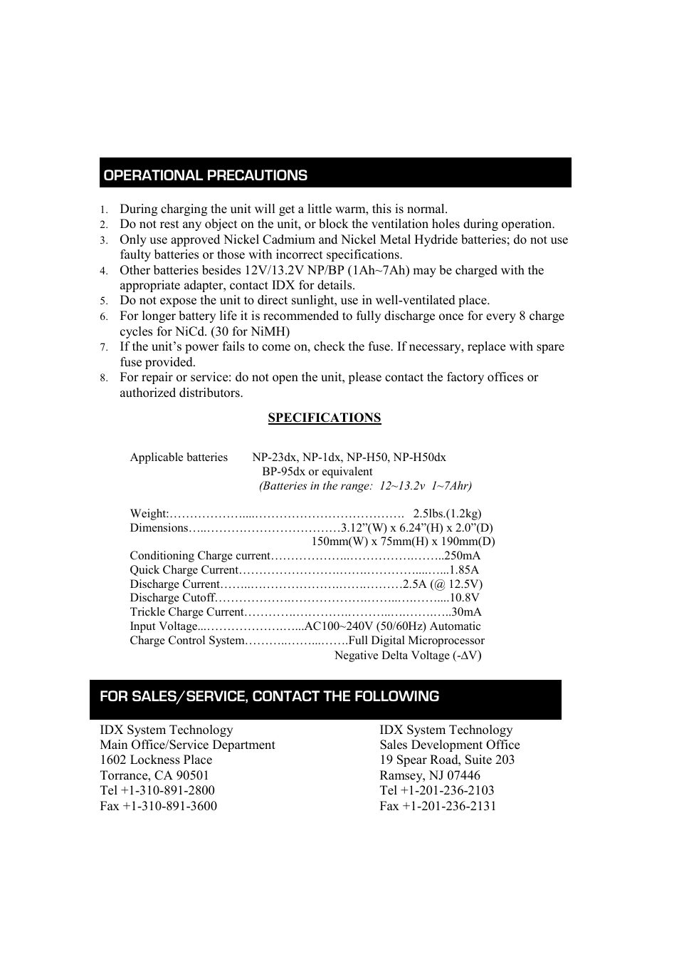 Operational precautions, For sales/service, contact the following | IDX i200 User Manual | Page 4 / 4