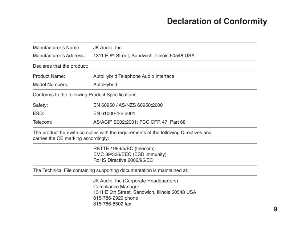 Declaration of conformity | JK Audio AutoHybrid User Manual | Page 13 / 16